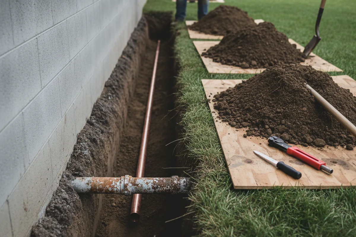 Excavated water line trench during Sewer Line Repair in Folcroft